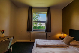 Værelse med dobbeltseng, skrivebord og adgang til terrasse